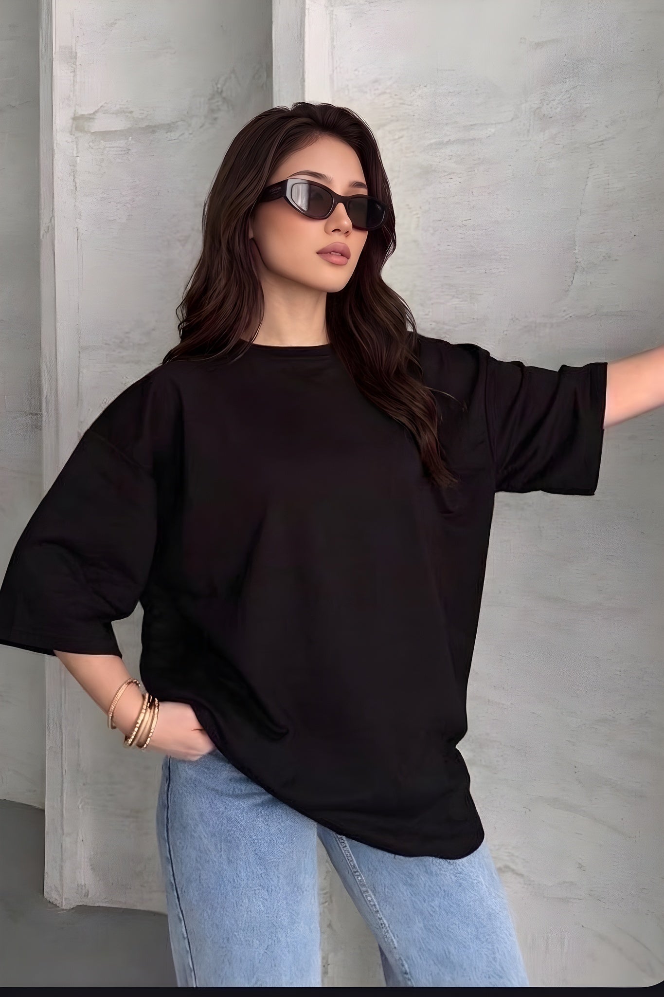 Kadın The Moon Siyah Bisiklet Yaka Oversize Salas T-Shirt