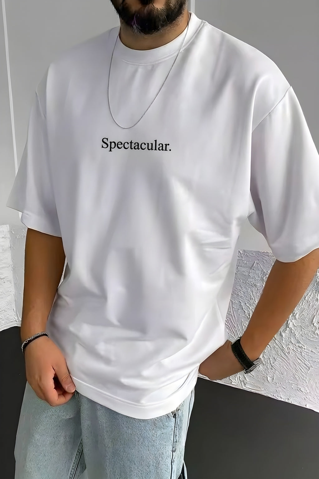 Erkek Spectacular Beyaz Bisiklet Yaka Oversize Salas T-Shirt