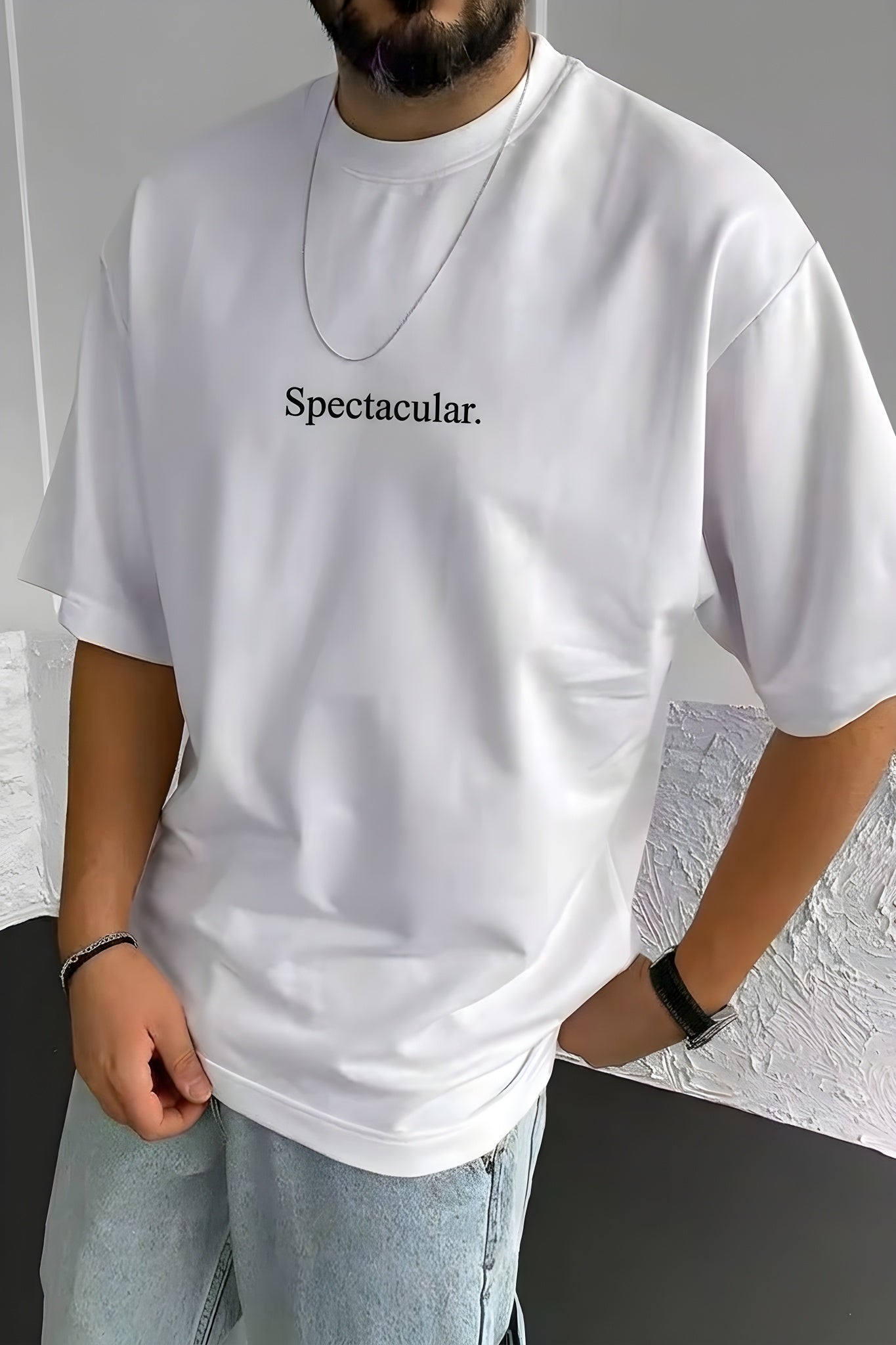 Erkek Spectacular Beyaz Bisiklet Yaka Oversize Salas T-Shirt