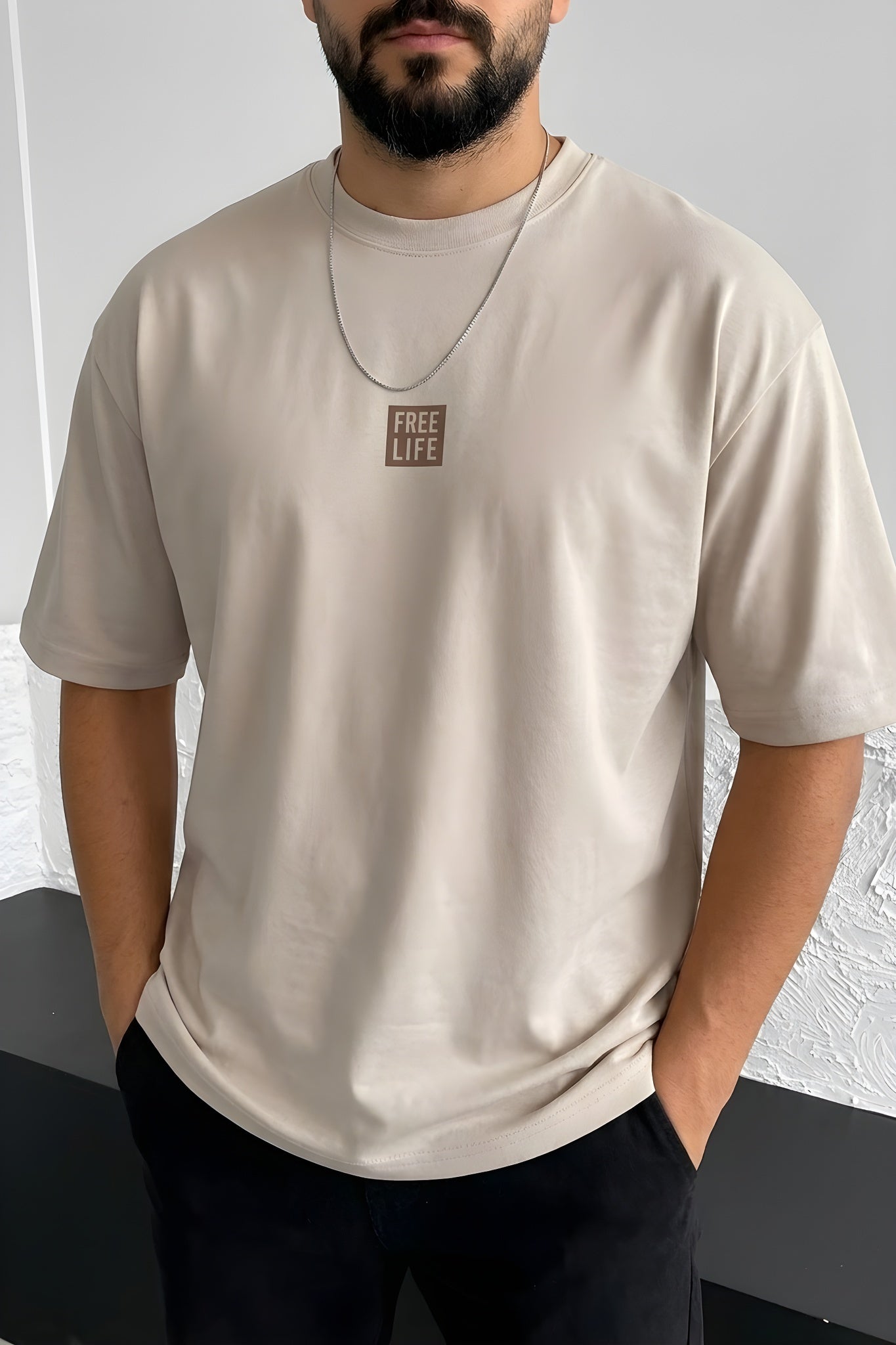 Erkek Free Life Camel Bisiklet Yaka Oversize Salas T-Shirt