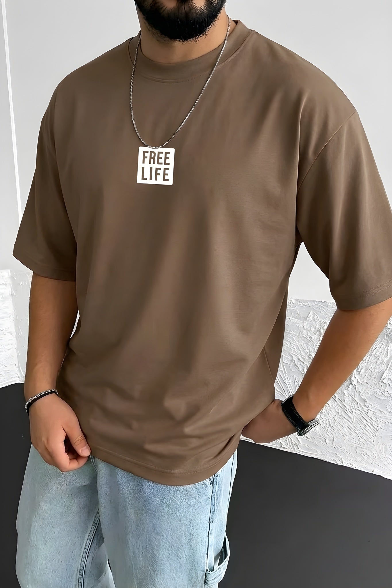 Erkek Free Life Mocha Kahverengi Bisiklet Yaka Oversize Salas T-Shirt