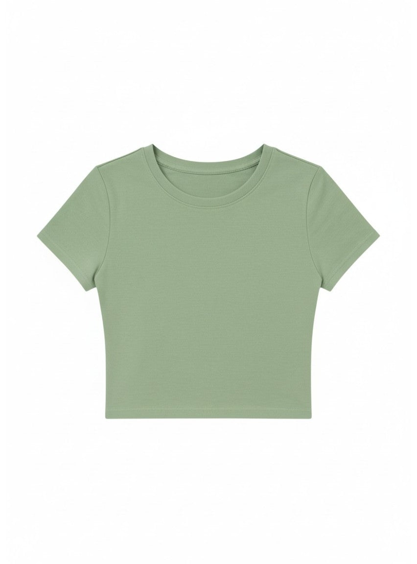 Kadın Su Yeşil Bisiklet Yaka Likralı Kısa Kol Body Crop T-Shirt